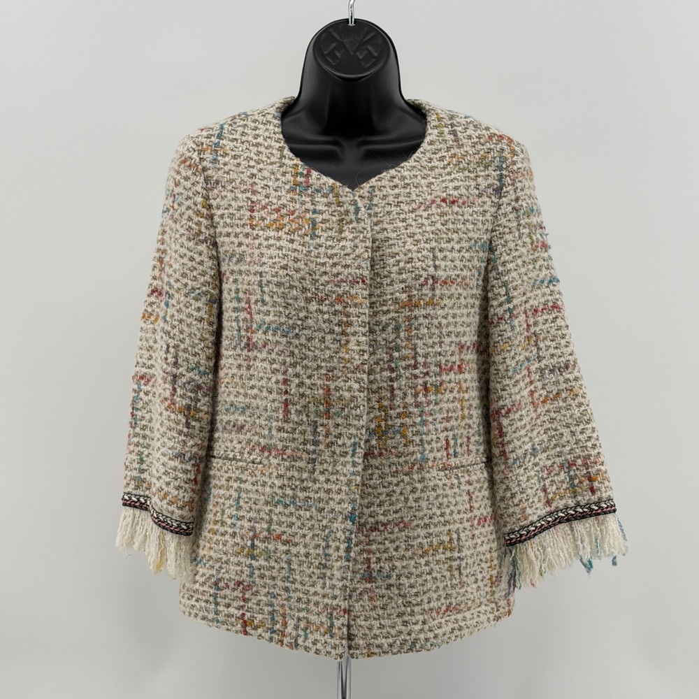 Vilagallo Multi Tweed Jacket Womens 38 Wool Blend Fringe Cuff Spain Blazer